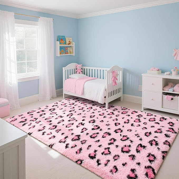 HOMORE Leopard Print Rugs, 5x8 Pink Leopard Rug for Girls Bedroom, Soft Cheetah Print Rugs for Living Room Western Decor, Modern Indoor Fluffy Area Rug for Kids Nursery Dorm Decor