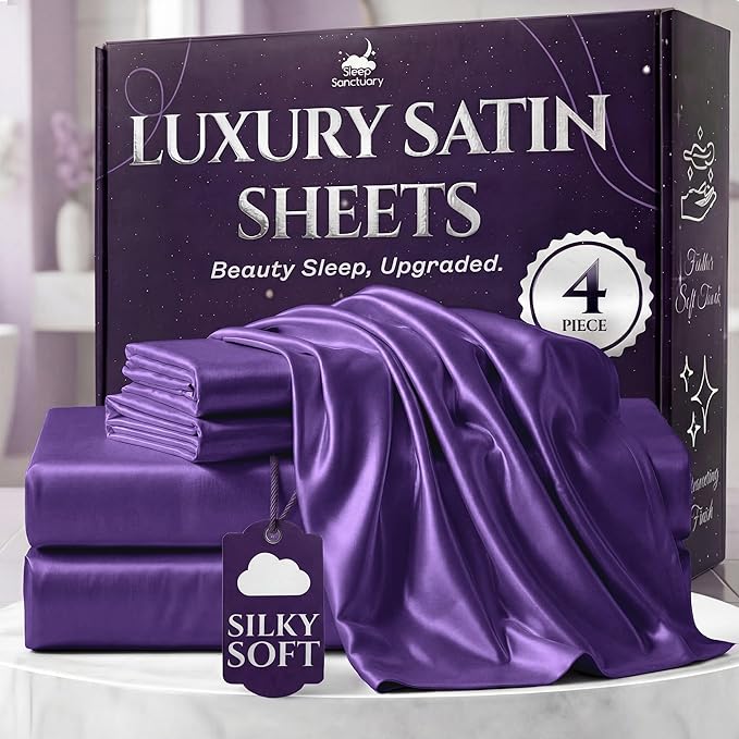 SLEEP SANCTUARY Satin Sheets King Size – 4 Piece Luxury Silky Bed Set, Softer Than Silk, 15" Deep Pocket, Cooling & Wrinkle-Free, Moisture-Wicking & Breathable for Hair & Skin (Purple)