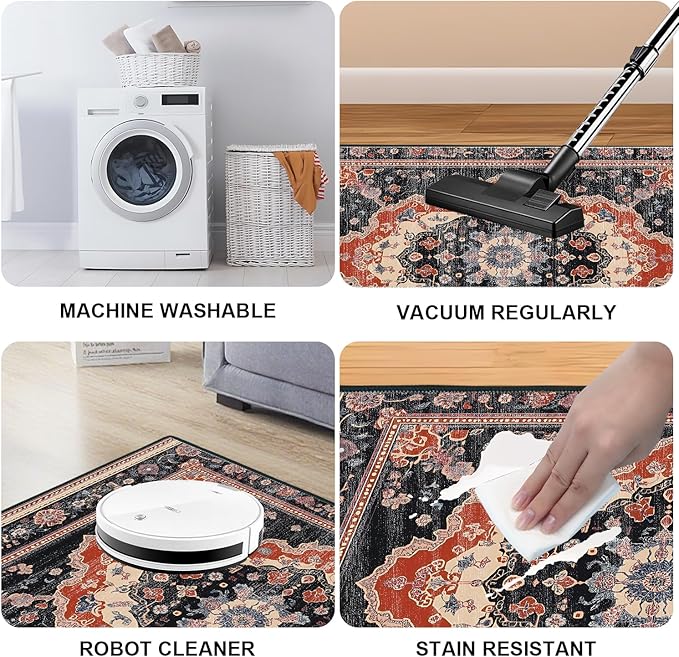 Area Rug 2x3 ft Rug Washable Boho Rugs Non Slip Low Pile Floral Small Carpet for Bedroom, Bedside, Kids Room, Office, Dining Room (Retro Colors, 2x3 ft)