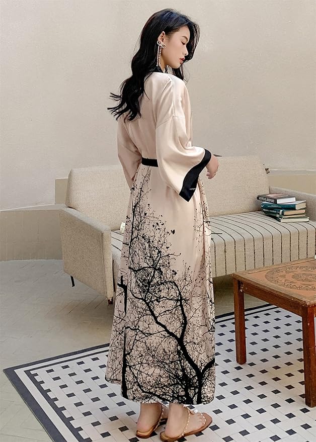Kihnop Women's Floral Long Kimono Robe Long Satin Robe Long Silk Robe Ladies Kimonos Silky Bathrobe Cover Up, One Size