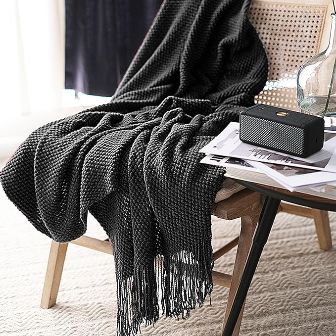 LOMAO Knitted Throw Blanket with Tassels Bubble Textured Lightweight Throws for Couch Cover Home Decor (Black, 50x60)