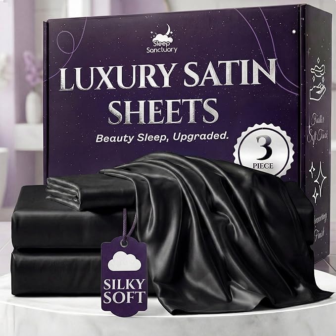 SLEEP SANCTUARY Satin Sheets Twin Size – 3 Piece Luxury Silky Bed Set, Softer Than Silk, 15" Deep Pocket, Cooling & Wrinkle-Free, Moisture-Wicking & Breathable for Hair & Skin (Black)