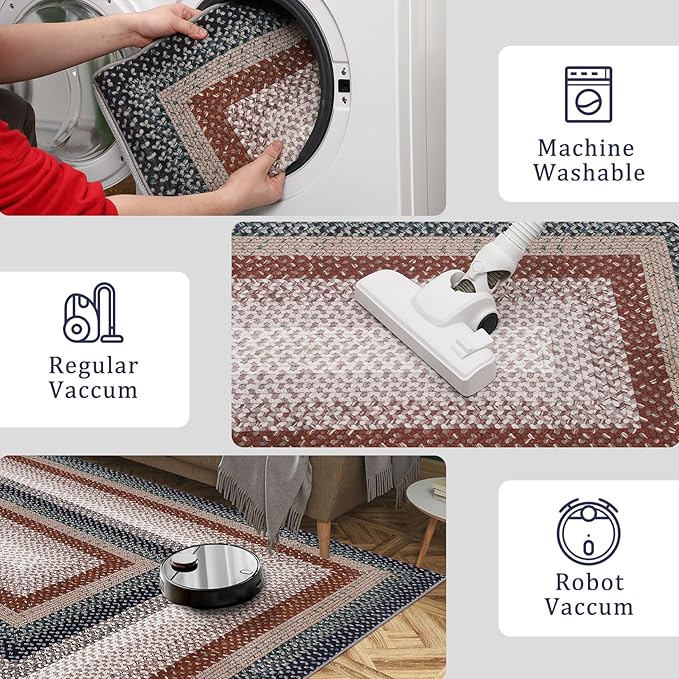 RUGSREAL Machine Washable Area Rug 6x9 Braided Rug for Living Room Modern Braid Printed Large Bedroom Rug Non Slip Dining Room Throw Rug Farmhouse Accent Carpet for Home Decor, Olive/Brown