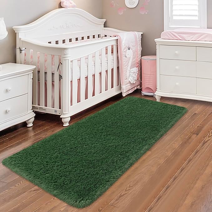 Runner Rug for Bedroom 2x6 Green Fluffy Shaggy Rug Soft Plush Fuzzy Area Rug Bedside Runners for Hallway Kids Nursery Dorm Playroom Living Room with Non Slip Modern Indoor Decor Carpet