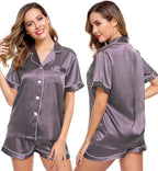 LecGee Womens Silk Satin Pajamas Short Sleeve Loungewear Two-Piece Sleepwear Button-Down Pj Set