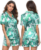 SWOMOG Womens Silk Satin Pajamas Set Short Sleeve Sleepwear Button Down Top and Shorts Loungewear 2 Piece Pjs Set XS-3XL