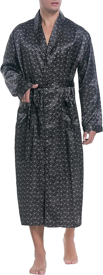 Lavenderi Mens Silky Satin Lounge Robe, Long Lightweight Sleepwear