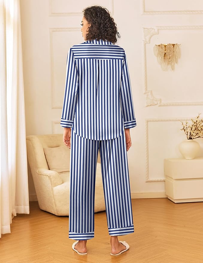 Ekouaer Womens Silk Satin Pajama Sets 2 Piece Sleepwear Pjs Set Long Sleeve Button Down Top and Pants Stripe Loungewear S-XXL