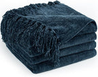 Chenille Throw Blanket for Couch 50"X 60", Soft Cozy Throws with Fringe Tassel for Bed Sofa Chair Cover, Lightweight Knitted Decorative Boho Blankets for Living Room, Navy Blue