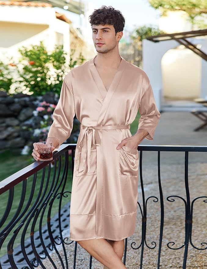 Ekouaer Mens Satin Robe Lightweight Silky Kimono Bathrobe 3/4 Sleeve Spa Knee Length Loungewear with Pockets S-3XL