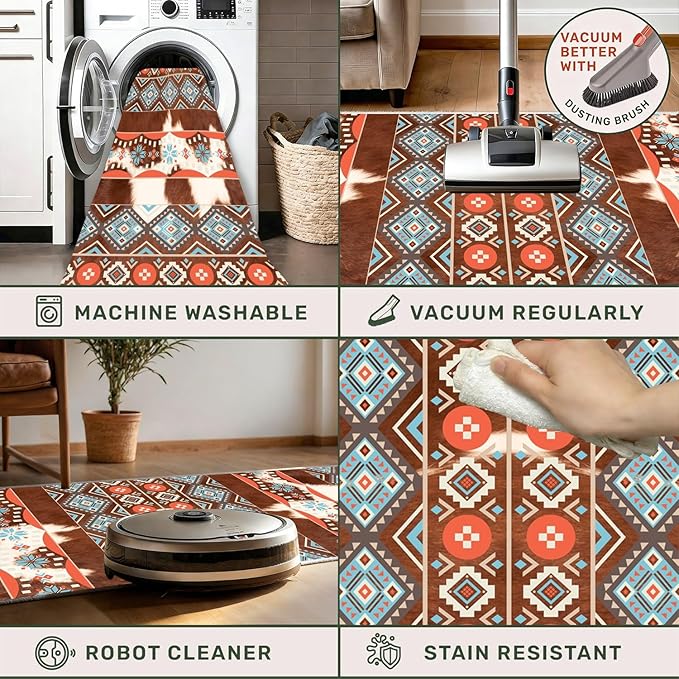 Western Cowhide Runner Rug,3.3x7ft,Rustic Tribal Aztec Runner Rug,Farmhouse Cow Print Decor Western Kitchen Rugs,Soft Non-Slip Faux Cowhide Hallway Carpet, for Office Entryway Bedroom Floor Mat