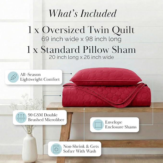 Southshore Fine Living, Inc. Oversized Bedding Quilt, Lightweight Bedding, Twin XL Bedspreads for Adult, Soft Coverlet 2-Piece with One Matching Pillow Sham, All Season Twin/XL Quilts, Chili Pepper
