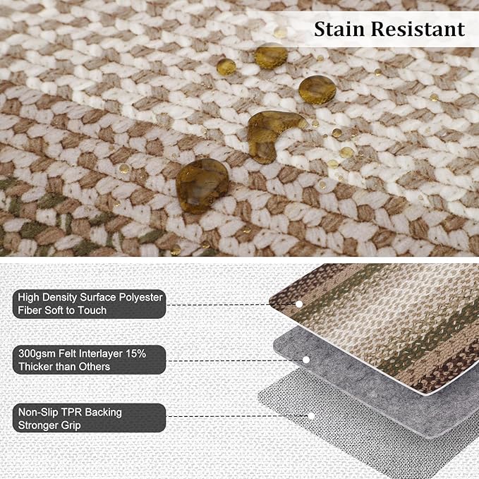 RUGSREAL 5x7 Bedroom Rug Braided Machine Washable Living Room Area Rug Modern Braid Printed Throw Carpet for Dining Room Non Slip Large Entry Area Rug Farmhouse Rug for Home Decor, Moss/Brown
