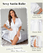 Avidlove Women Lingerie Robe Satin Sleepwear Eyelash Lace Kimono Side Split Sexy Silk Robes
