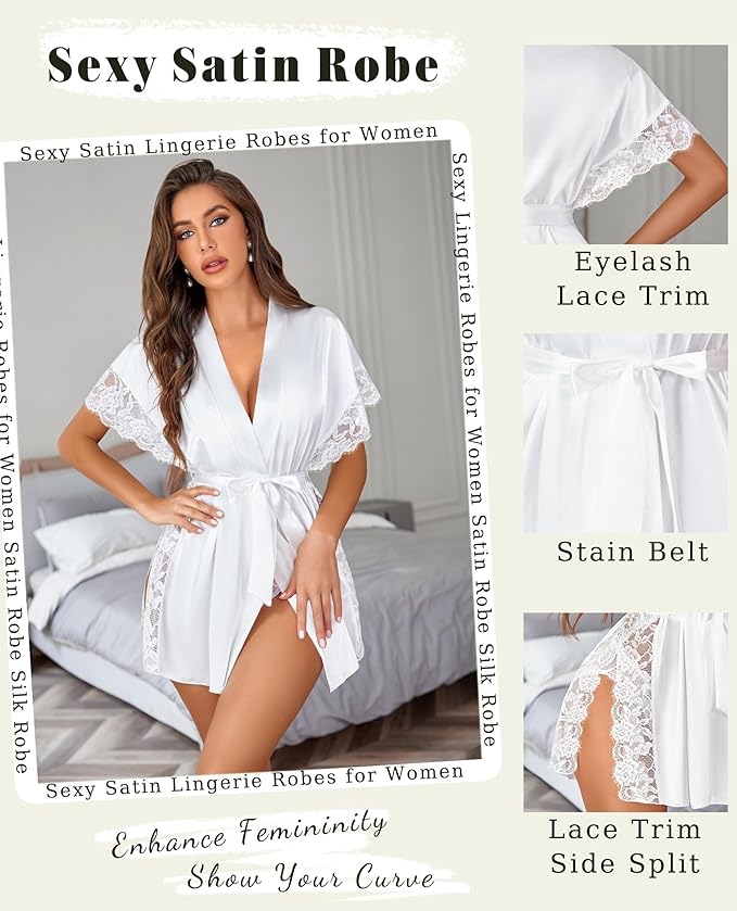 Avidlove Women Lingerie Robe Satin Sleepwear Eyelash Lace Kimono Side Split Sexy Silk Robes