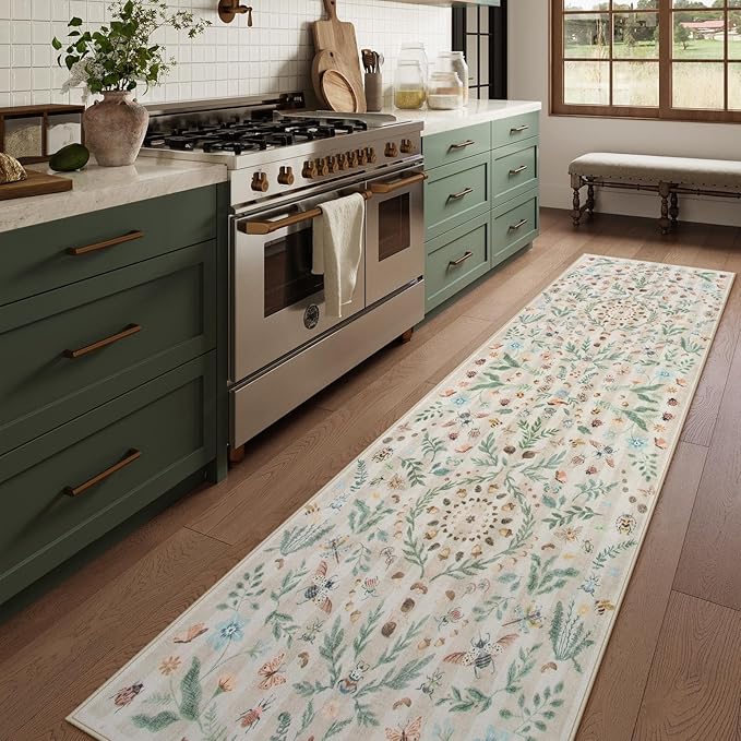 Lahome Chloe Insect Botanical Bathroom Beige Runners for Hallways, Non Slip Washable Kitchen Bathroom Carpet Runner,Soft Non Skid Indoor Rugs for Entryway Laundry Bedroom(Beige,2'6"x10')