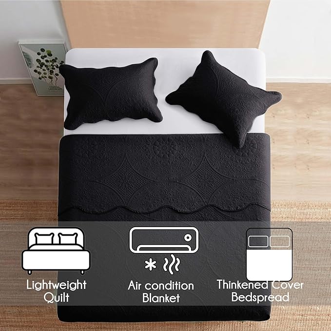 IR Imperial Rooms Twin Quilt Bedding Set Size (68” x 86”) + 1 Pillow Shams (20” x 26” + 2”) - 2 Pcs All Season Lightweight Reversible Microfiber Coverlet Floral Embossed Quilt Bedspread (Black)