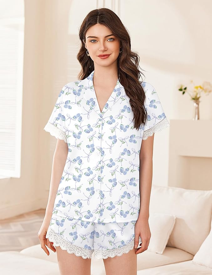Ekouaer Womens Lace Satin Pajama Set Button Down Pj Shorts Set Bridesmaids Getting Ready Outfits Casual Sleepwear XS-XXL