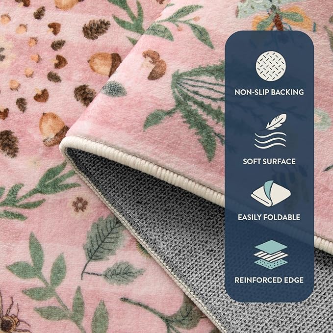 Lahome Chloe Insect Botanical 2x3 Small Pink Rugs for Bedroom Washable Bathroom Rugs, Boho Floral Door Mat Indoor Entrance, Soft Non-Slip Indoor Throw Carpet for Bedside Entryway Laundry(Pink,2'x3')