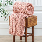 WESHIONGOO Chunky Knit Blanket Throw 40"×60" Knitted Throw Blankets for Couch Bed Fluffy Soft Blanket with Jumbo Chenille Yarn Thick 100% Handmade(Pink, Medium Size Throw)