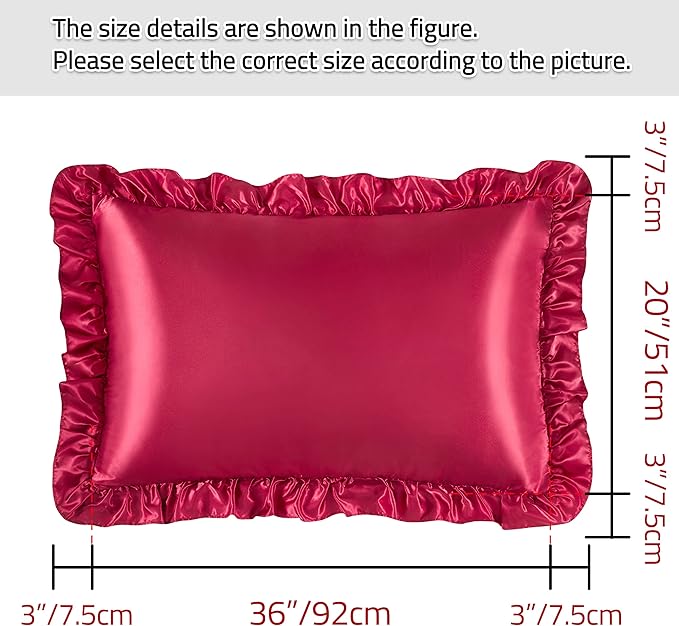 Silky Satin Ruffled Pillow Cases for Hair and Skin,Wine Red Silk Pillowcases King Set of 2 with Envelope Closure Princess Room Decoration