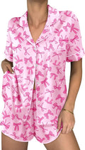 Ekouaer Womens Silk Satin Pajama Sets 2 Piece Button Down Silk Pjs Shorts Sets Cute Print Short Sleeve Sleepwear S-4XL