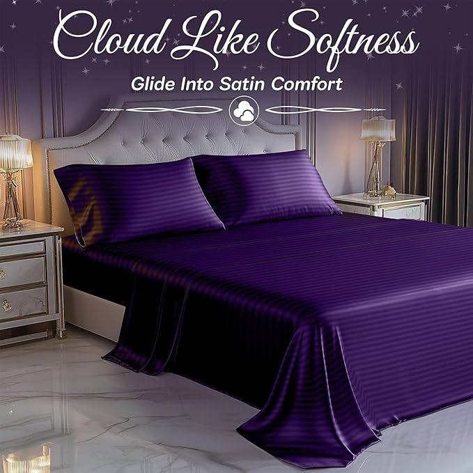 SLEEP SANCTUARY Satin Sheets Twin Size – 3 Piece Luxury Silky Bed Set, Softer Than Silk, 15" Deep Pocket, Cooling & Wrinkle-Free, Moisture-Wicking & Breathable for Hair & Skin (Striped Purple)