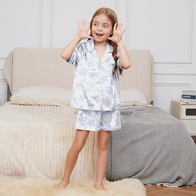QPANCY Kids Satin Pajamas Sets Baby Boy Girl Button-Down Silk Sleepwear 2 Piece Short Sleeve Loungewear Clothes Set