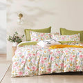 ALEISSEL Luxurious Cotton 3pcs Floral Comforter Sets Queen Size - Blush, Yellow & Blue Spring Garden Floral Prints on White, Warm Olive Green Reverse,Vintage Lightweight Bedding Sets(Queen 90"×90")
