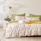 ALEISSEL Luxurious Cotton 3pcs Floral Comforter Sets Queen Size - Blush, Yellow & Blue Spring Garden Floral Prints on White, Warm Olive Green Reverse,Vintage Lightweight Bedding Sets(Queen 90"×90")