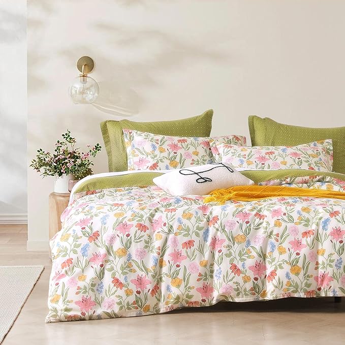 ALEISSEL Luxurious Cotton 3pcs Floral Comforter Sets Queen Size - Blush, Yellow & Blue Spring Garden Floral Prints on White, Warm Olive Green Reverse,Vintage Lightweight Bedding Sets(Queen 90"×90")