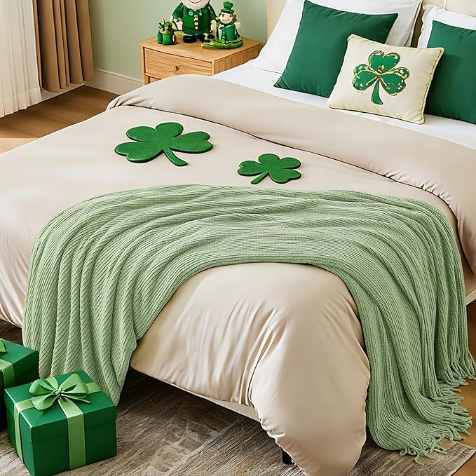 inhand Basil Green Throw Blanket for Couch Bed,St. Patrick’s Day Lucky Spring Gifts Throw for Men Women,Chunky Chenille Woven Soft Warm Blanket,Boho Farmhouse Cozy Decor,60"x80",Medium Thick,