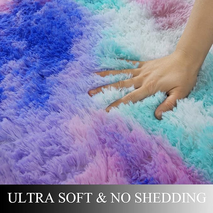 Fluffy Shaggy Area Rug for Girls Bedroom, 4 x 6 Feet Modern Fluffy Area Rug, Purple Blue Tie Dye Soft Plush Carpet for Living, Kids Girls Boys Teens Room, Bedsides, Home Office Decor