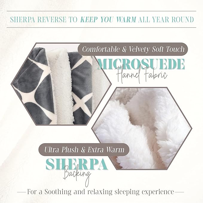 Elegant Comfort Throw Blanket, Reversible Sherpa Flannel, Ultra-Soft, Fuzzy, Cozy and Plush- All Season Lightweight Decorative Throw, 50 x 60 inches, Ogee Pattern Sherpa Throw, Silver Gray
