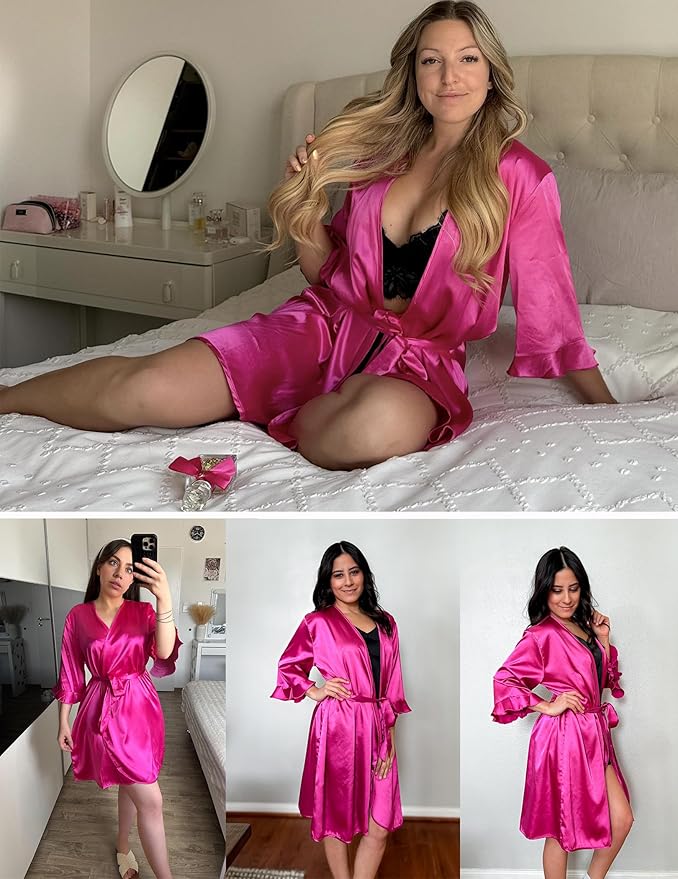 Ekouaer Women's Satin Robe Valentines Lingerie for Women Kimono Bathrobe Short Ruffle Belted Robes Bridesmaids Sleepwear