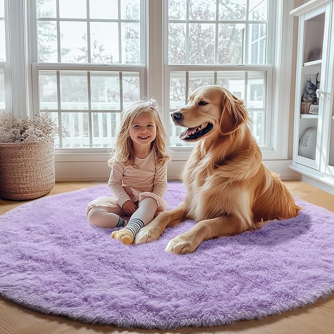 ONASAR Light Purple Round Rugs 6ft for Living Room Bedroom, Fluffy Circle Area Rug for Kids Girls Boys Teen, Soft Plush Shaggy Carpet for Nursery Dorm Classroom Playroom Home Decor Aesthetic