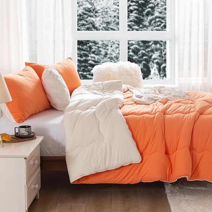 COTTEBED Winter Reversible Softness Burnt Orange and Beige Twin Comforter Set for Girls Kids College Dorm, Warm Thick Breathable Fluffy Cozy Comfy Bedding Down Comforter Christmas, Twin/Twin XL