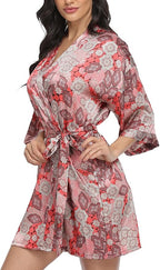 Women's Floral Satin Robes Bride Bridesmaid Getting Ready Robe Short Silky Kimono Sleepwear for Wedding Party