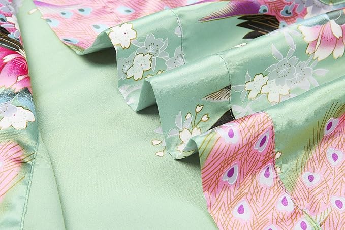 Women's Short Kimono Robes Bride and Bridesmaid Satin Floral Bathrobe Peacock Sleepwear Dressing Gown for Wedding Party