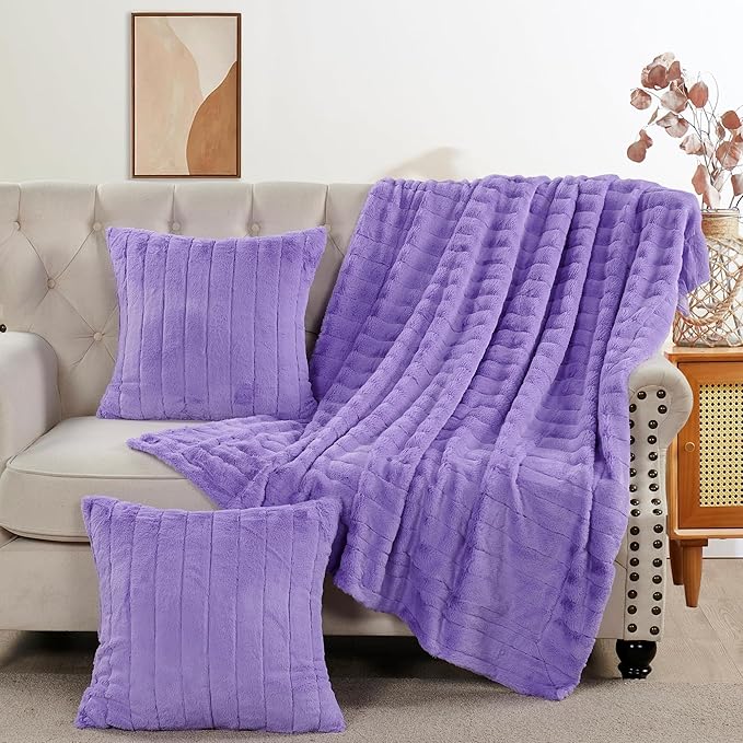 Striped Throw Blanket and Pillow Covers Set (No Inserts) for Couch and Bed, Plush Warm Lightweight Fuzzy Faux Fur Blanket for All Seasons (50" x 60", Purple)