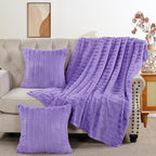 Striped Throw Blanket and Pillow Covers Set (No Inserts) for Couch and Bed, Plush Warm Lightweight Fuzzy Faux Fur Blanket for All Seasons (60" x 80", Purple)