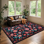 CRYPTOLITE Living Room Rug 6x9 Rug, Machine Washable Area Rug Non Slip Low Pile Floral Rug for Living Room, Bedroom, Farmhouse, Dining Room, Kids Playroom, Black