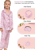 EPLAZA Kids Satin Pajamas Sets Girls Boys Button-Down Silky Pajamas Sleepwear with Hairband Eye Mask Hair Tie