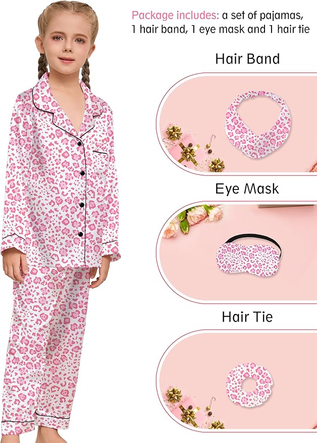 EPLAZA Kids Satin Pajamas Sets Girls Boys Button-Down Silky Pajamas Sleepwear with Hairband Eye Mask Hair Tie