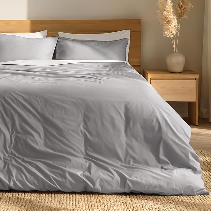 Bare Home 100% Organic Cotton California King Duvet Cover Set - Crisp Percale Weave - Lightweight & Breathable - Cooling Duvet Cover Set (Cal King, Light Grey)