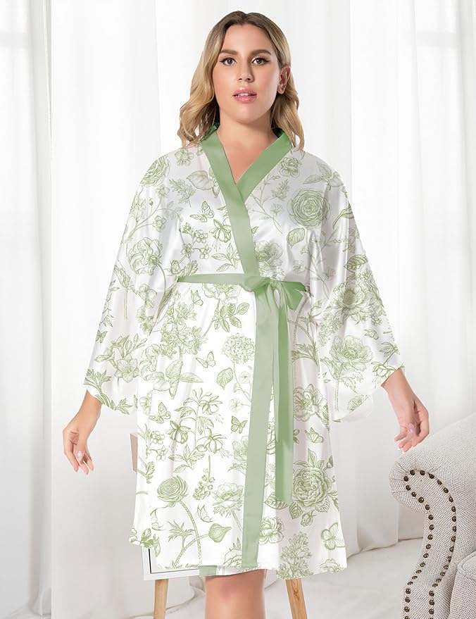 EPLAZA Silk Robes for Women Satin Robe Short Sexy Print Flower Kimono Loungewear Wedding Bridal Party