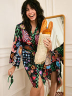WDIRARA Women's Checkered Graphic Satin Kimono Robe Long Bell Sleeve V Neck Belted Bathrobe Sleepwear