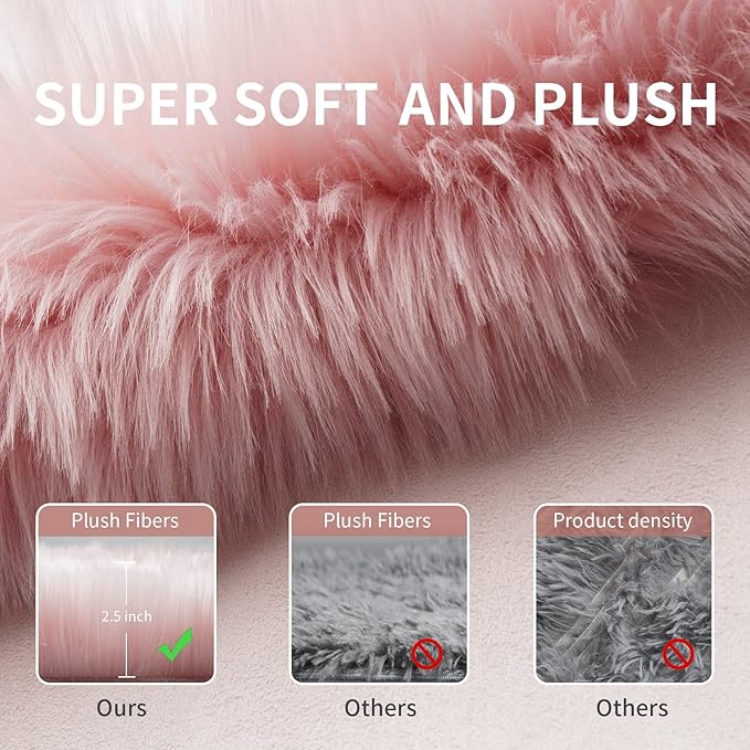 Small Faux Fur Rug, 2x4 ft Ultra Soft Sheepskin Rugs Chair Sofa Cover Seat Pad, Pink Fluffy Shag Rug for Bedroom Nursery Kids Room, Luxury Shaggy Rug Fuzzy Plush Floor Carpets, Cute Dorm Home Decor