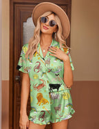 Ekouaer Womens Satin Pajamas Set Button Down 2 Piece Silk Pjs Shorts Set Ruffle Lingerie Notch Collar Sleepwear