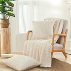Striped Throw Blanket and Pillow Covers Set (No Inserts) for Couch and Bed, Plush Warm Lightweight Fuzzy Faux Fur Blanket for All Seasons (50" x 60", Cream)